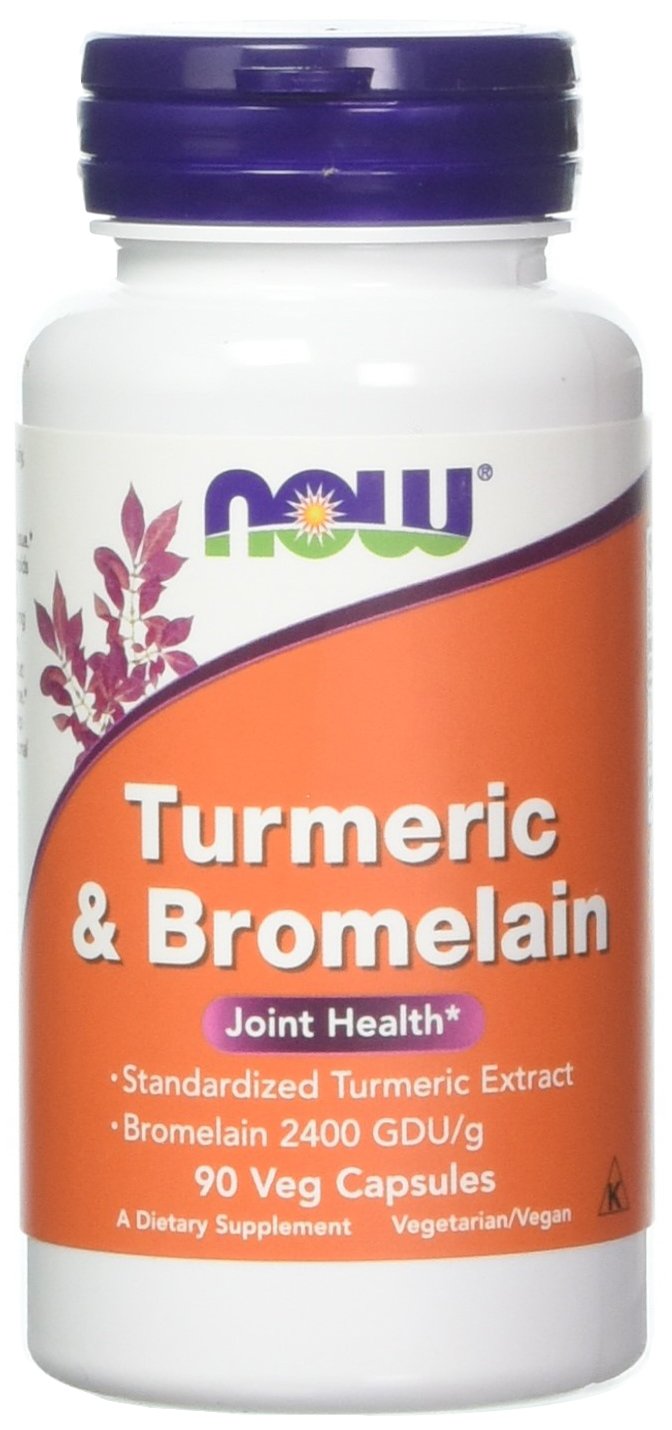 NOW Foods Turmeric & Bromelain capsules in bottle suggesting joint support.
