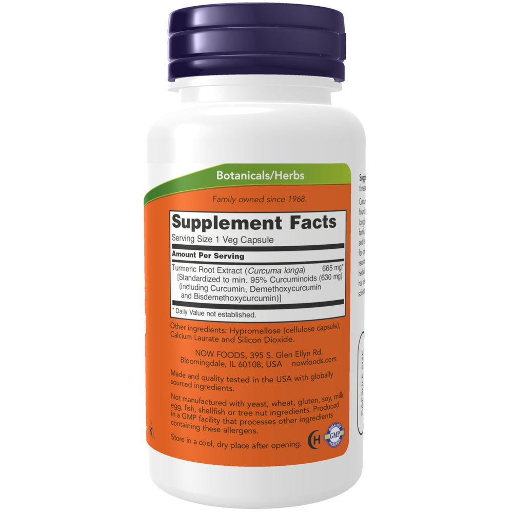 NOW Foods Turmeric Curcumin bottle label highlights 95% curcuminoids for potency