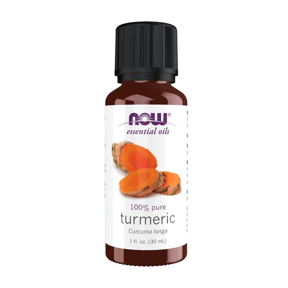 NOW Foods Turmeric Essential Oil bottle on wood, ideal for soothing diffused aromatherapy sessions.