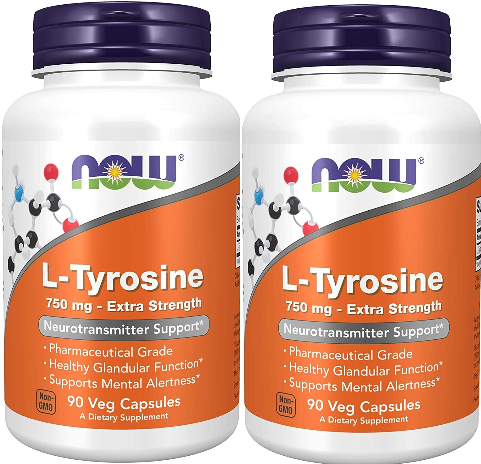 NOW Foods L-Tyrosine bottle front showing 750 mg capsules for daily wellness support.