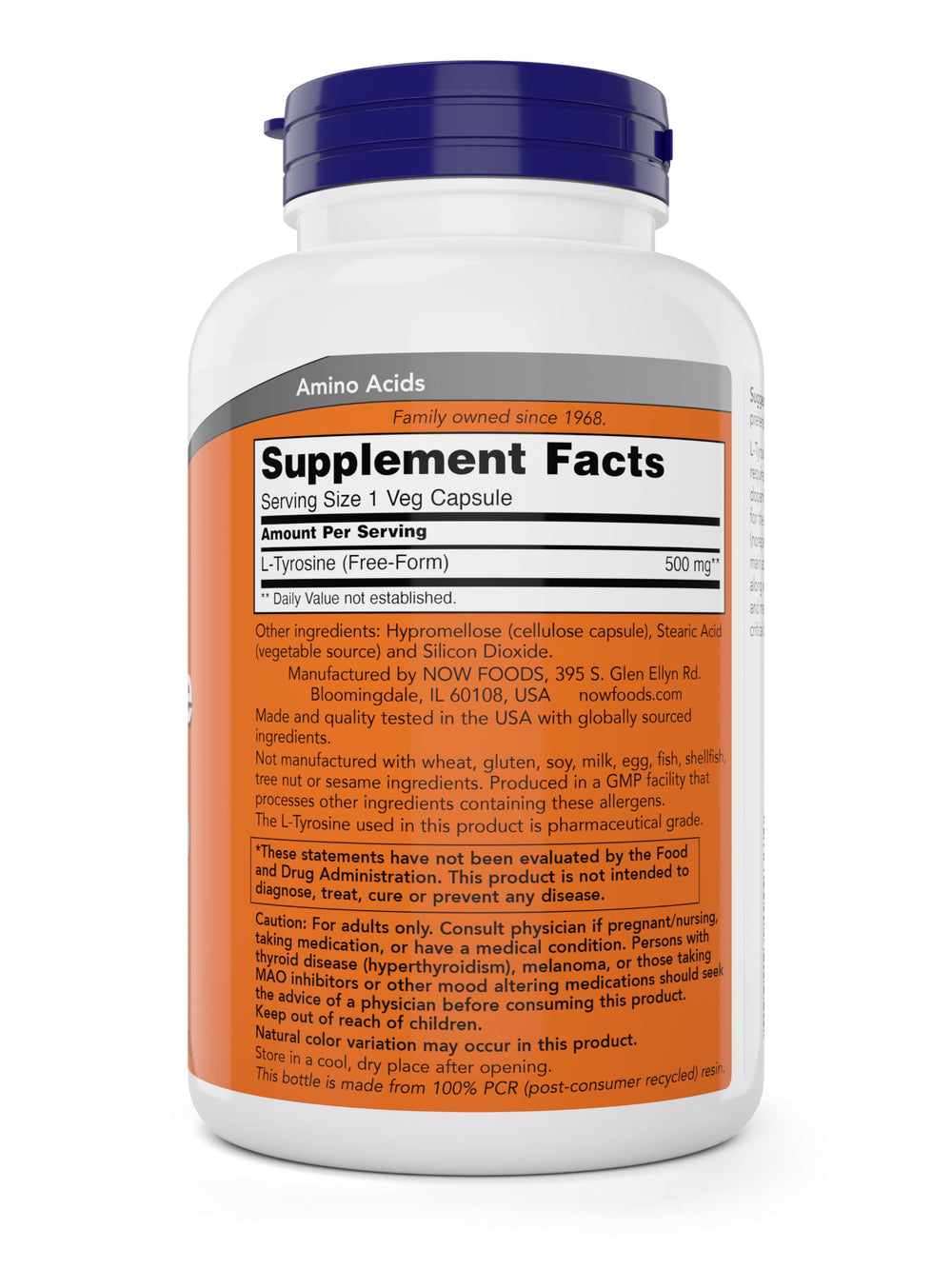 Close-up of NOW Foods Tyrosine 500 mg capsules showing easy-to-swallow form.