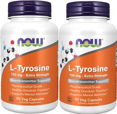 NOW Foods L-Tyrosine capsules close-up highlighting easy-to-swallow supplement for focus.