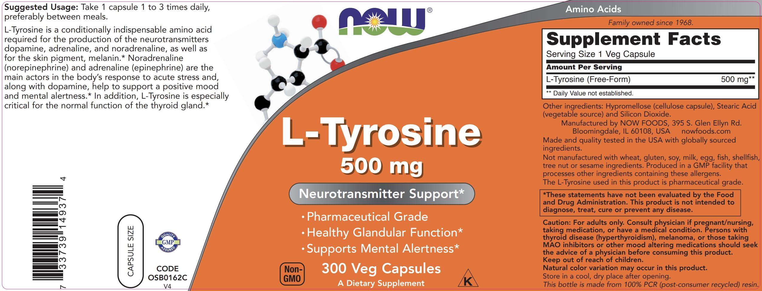 NOW Foods Tyrosine label graphic with nutrition details for informed use.
