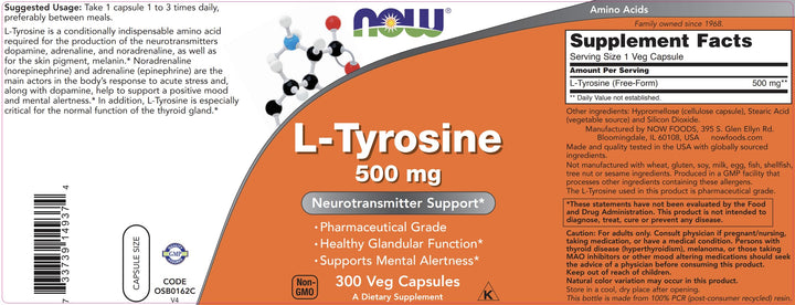 NOW Foods Tyrosine label graphic with nutrition details for informed use.