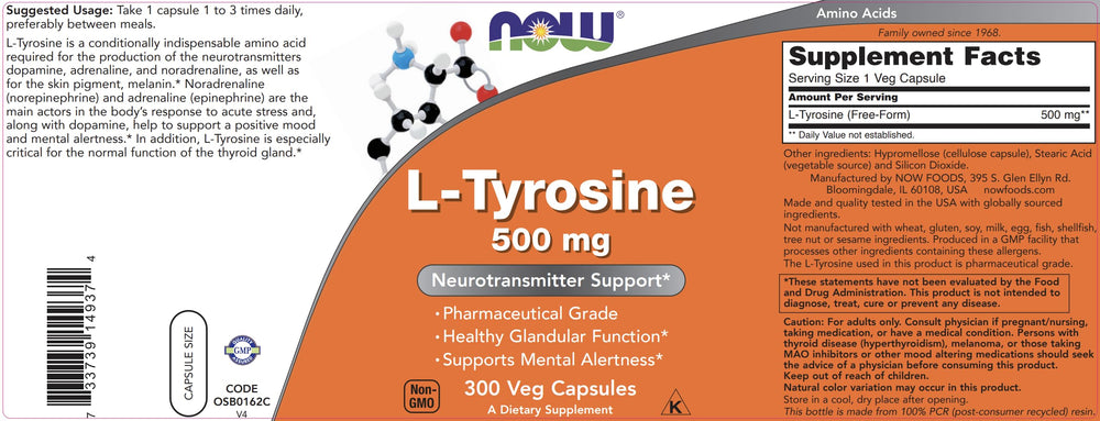 NOW Foods Tyrosine label graphic with nutrition details for informed use.