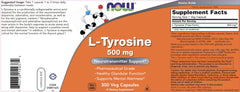 NOW Foods Tyrosine label graphic with nutrition details for informed use.