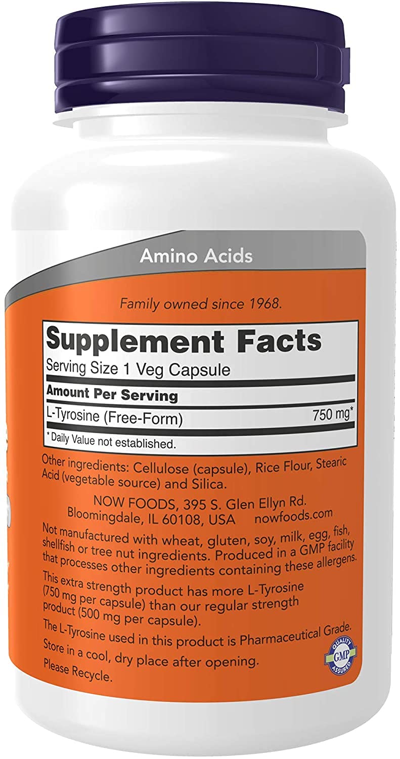 NOW Foods L-Tyrosine two-pack label view for convenient ongoing supplementation.