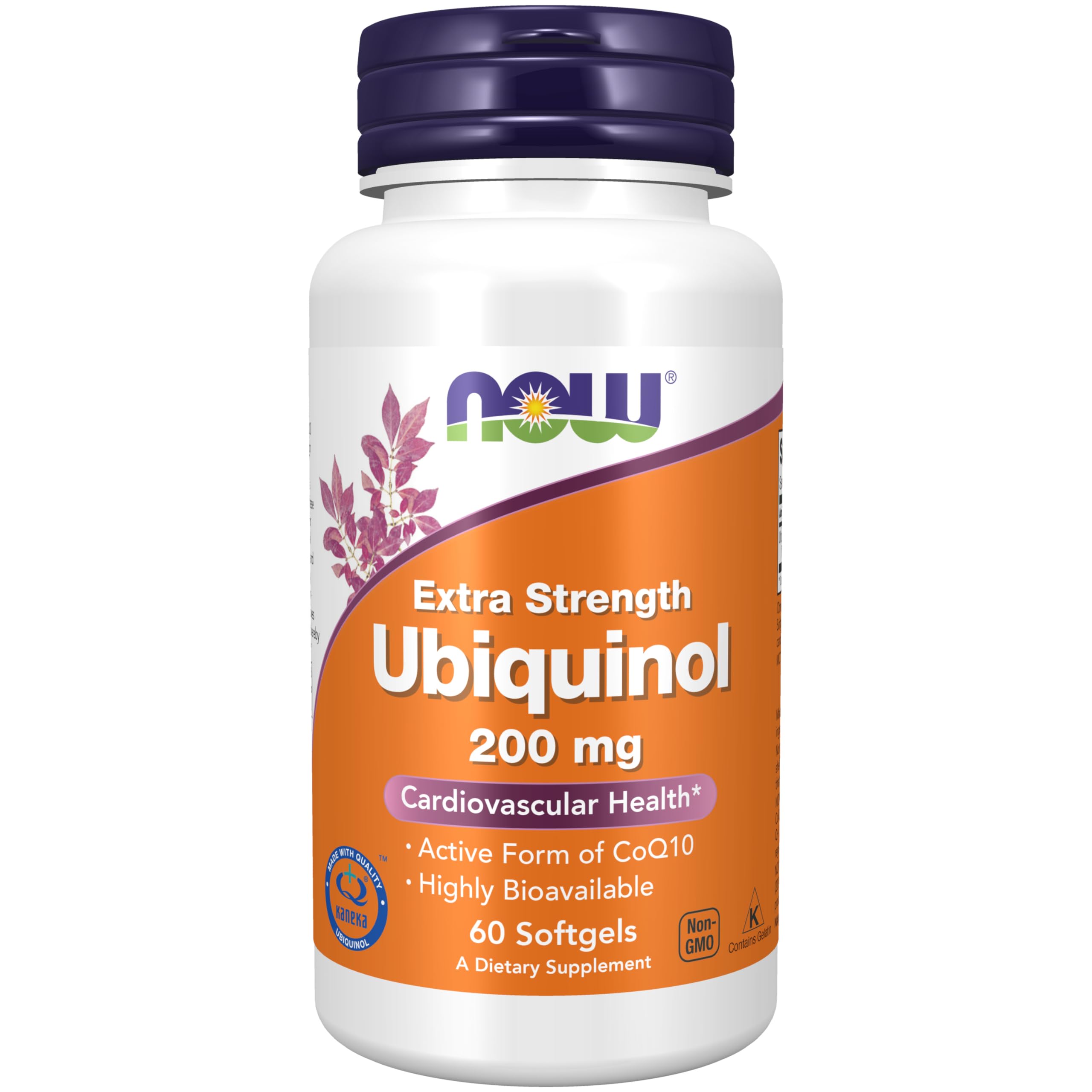 NOW Foods Ubiquinol 200 mg softgel bottle highlights high-bioavailability supplement.