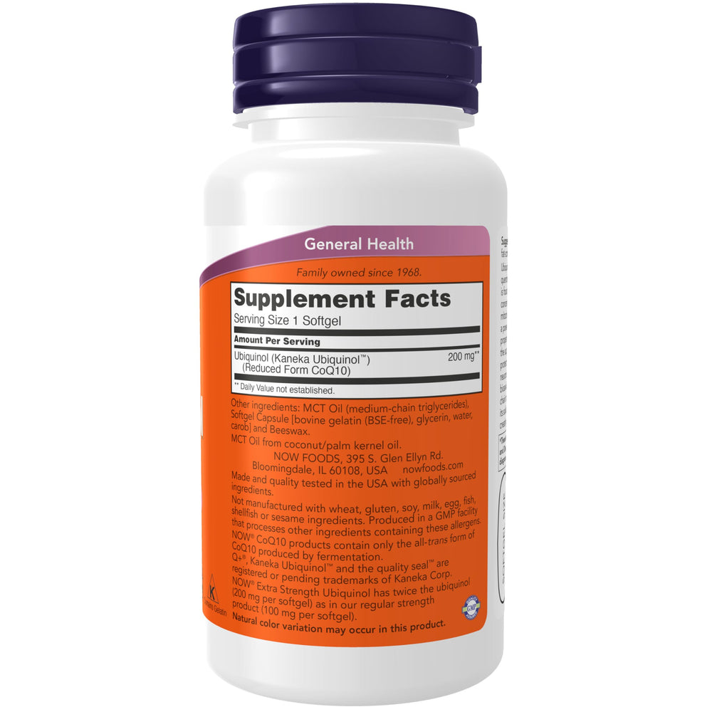 NOW Foods ubiquinol label details potency and allergen-free status.