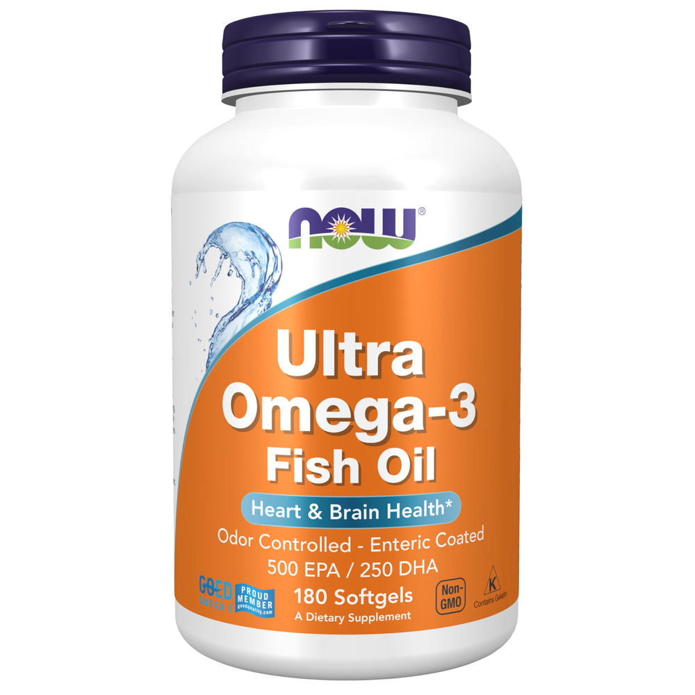 NOW Foods Ultra Omega-3 bottle front with odor-controlled enteric coating for easier digestion