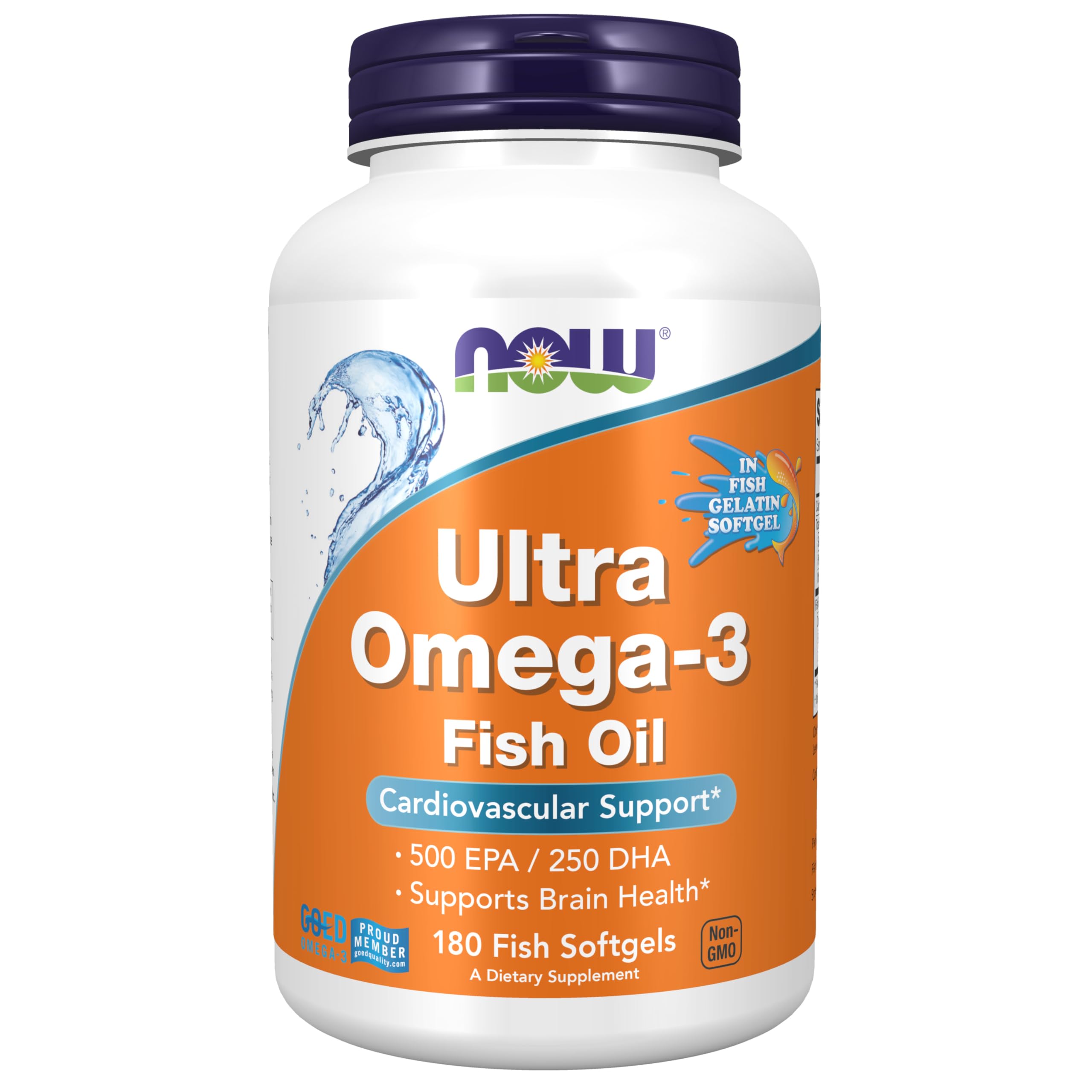 NOW Foods Ultra Omega-3 bottle pouring; supports heart and brain health.