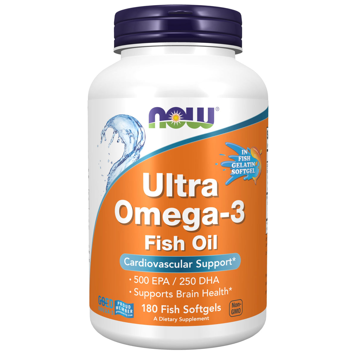 NOW Foods Ultra Omega-3 bottle pouring; supports heart and brain health.