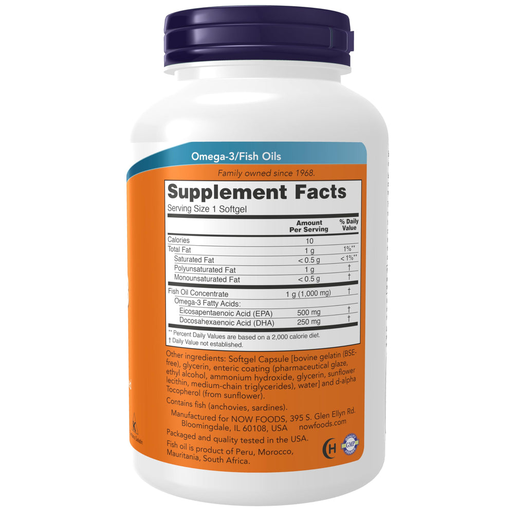 NOW Foods Ultra Omega-3 softgels close-up showing purity and distillation