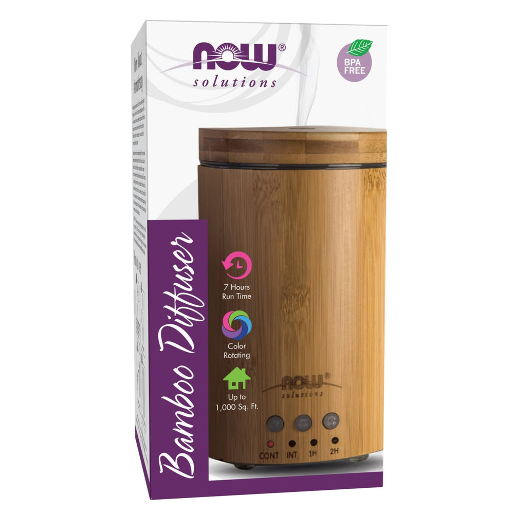 NOW Foods ultrasonic diffuser with bamboo cover—front view for a stylish home aroma.