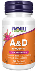 NOW Foods vitamin A & D softgels bottle for daily eye and bone support