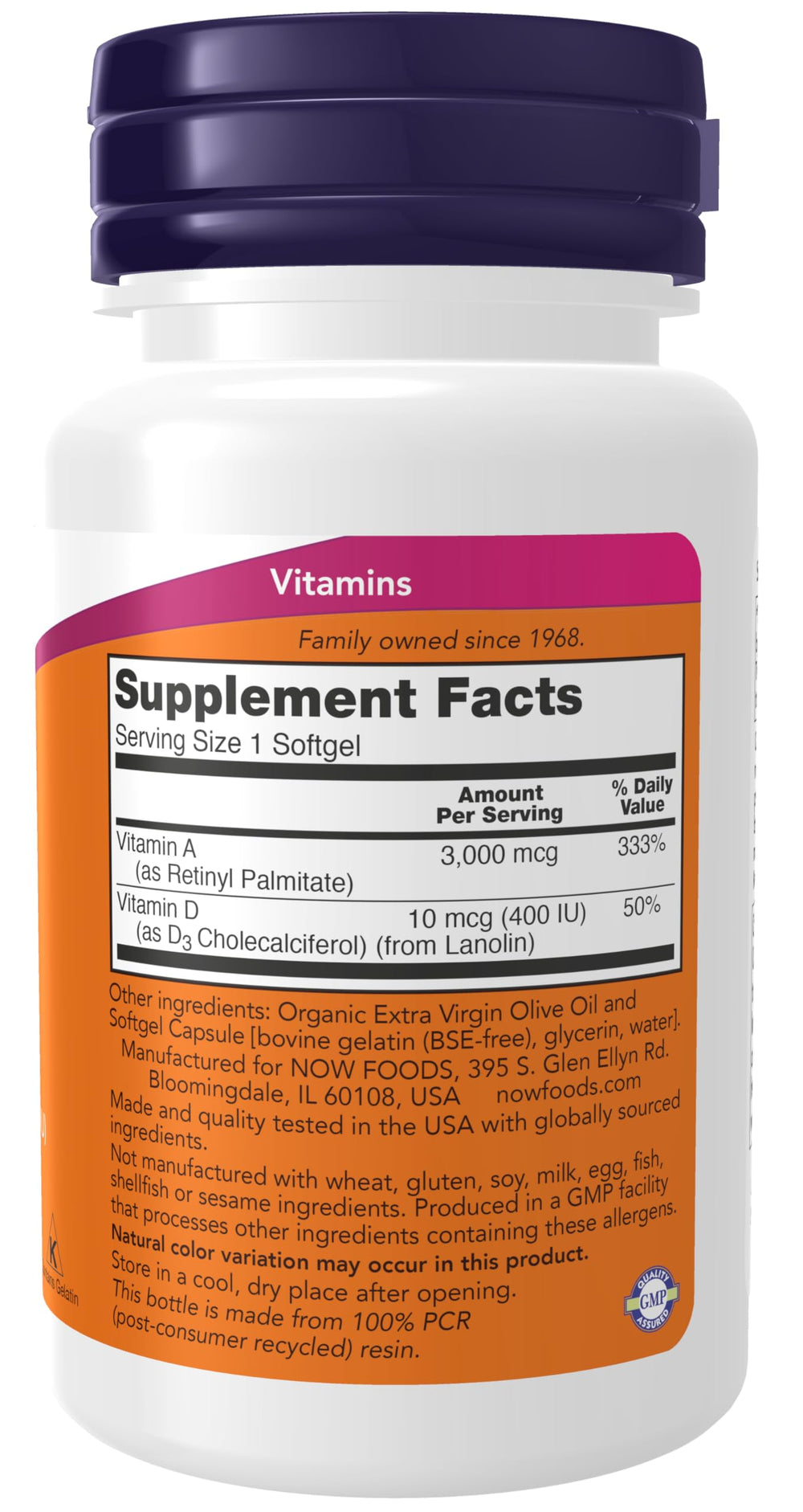 Closeup of NOW Foods label showing 10,000 IU vitamin A and 400 IU vitamin D