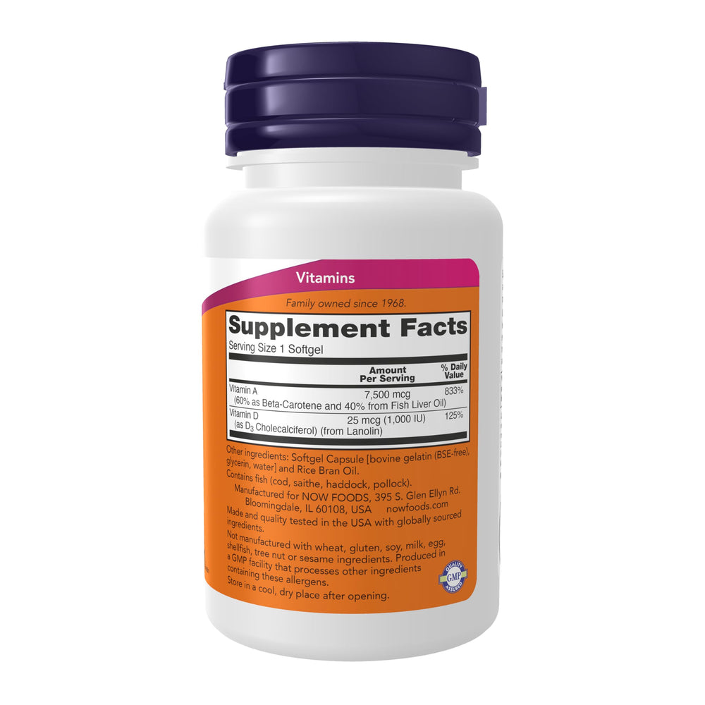 NOW Foods vitamin A and D3 softgels close-up highlighting easy daily supplementation