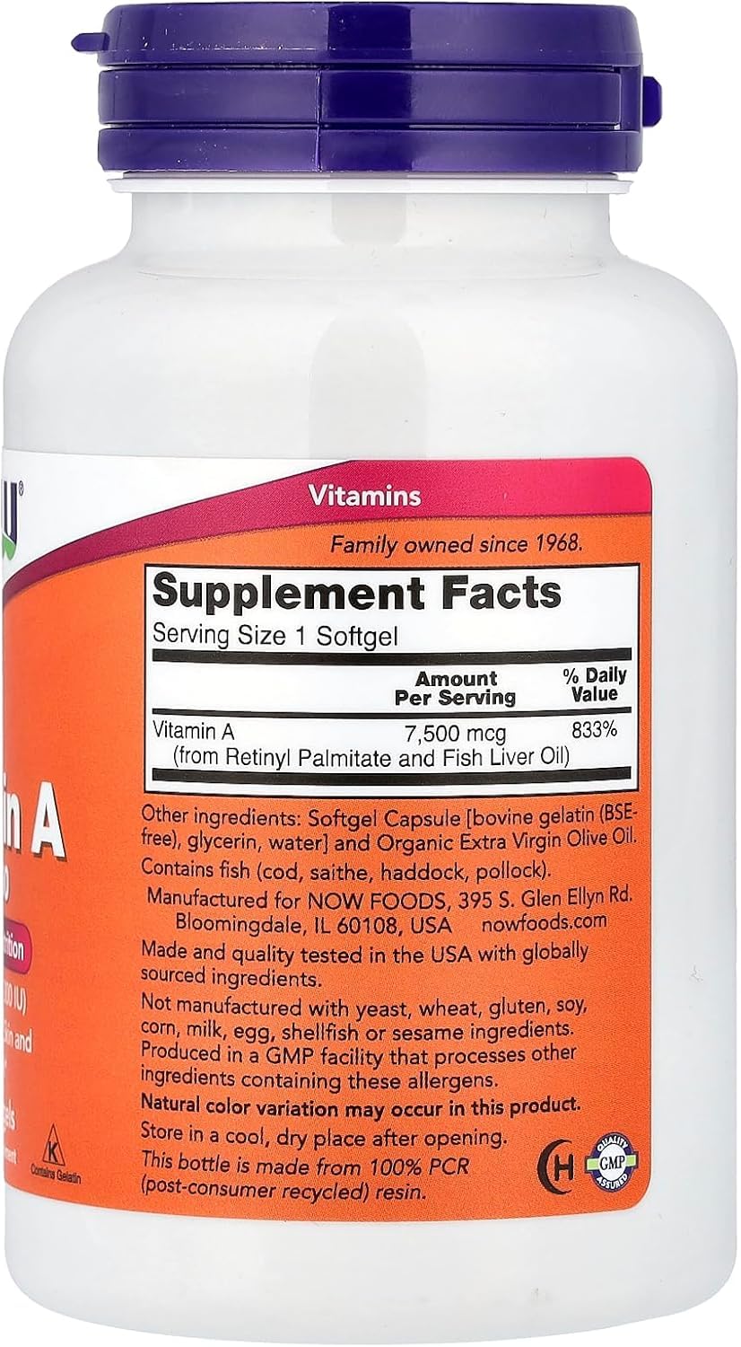 NOW Foods vitamin A softgel capsule closeup suggesting immune support.