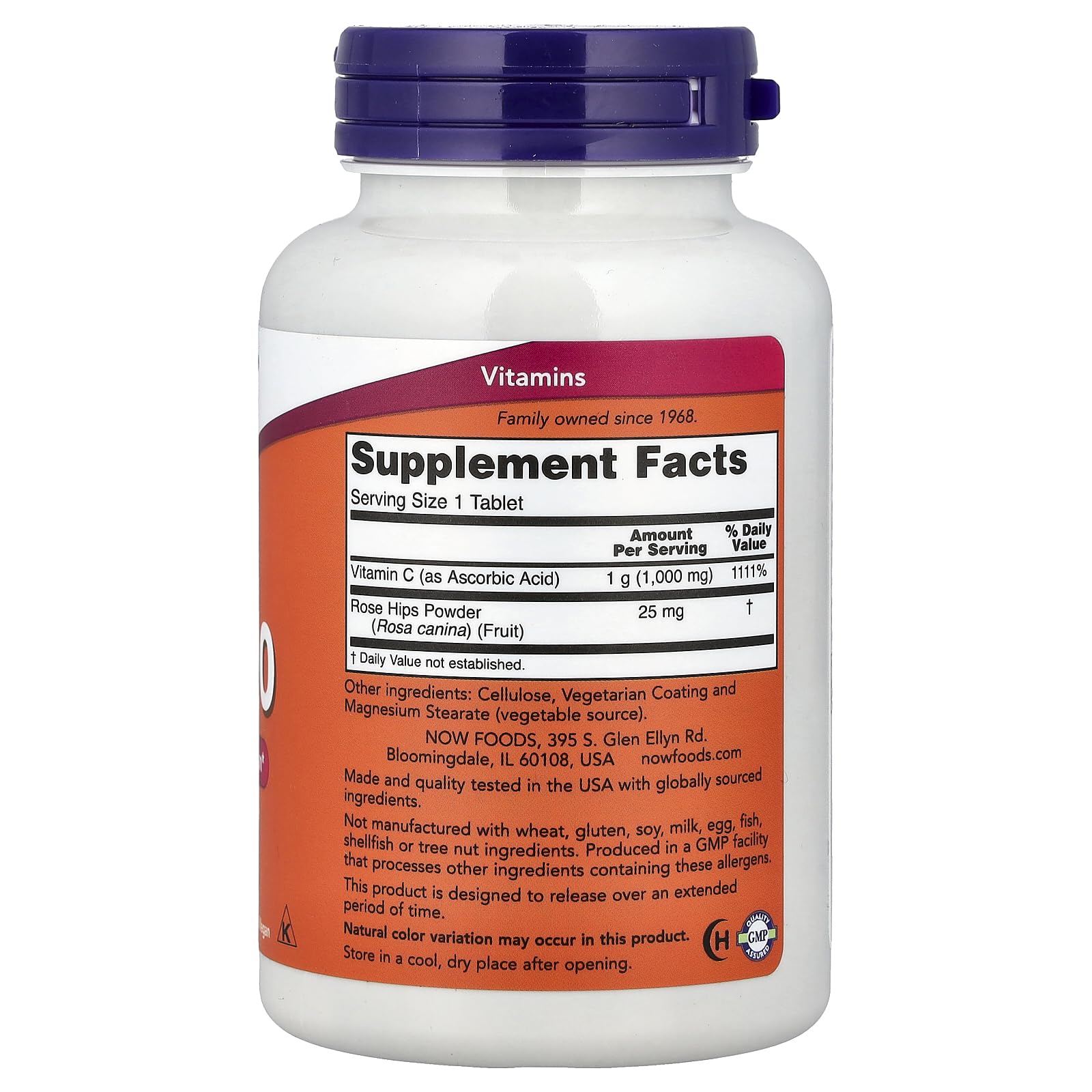 NOW Foods Vitamin C-1000 Sustained Release bottle label emphasizing vegan, non-GMO, kosher qualities for mindful shoppers