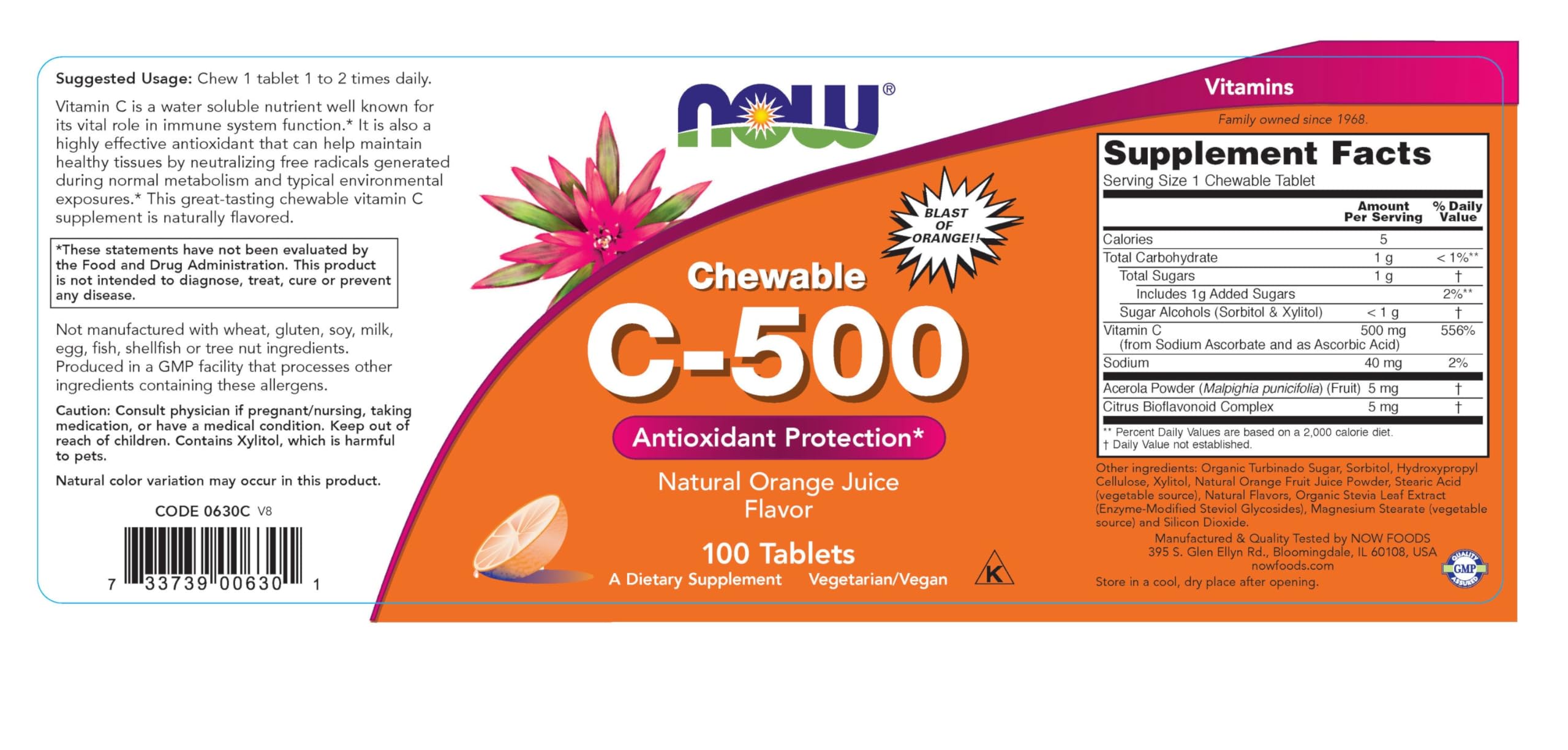 NOW Foods Vitamin C-500 chewable orange tablets close-up highlighting portable use