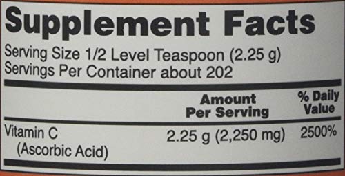 NOW Foods Vitamin C Crystals ingredient label highlights pharmaceutical grade quality.