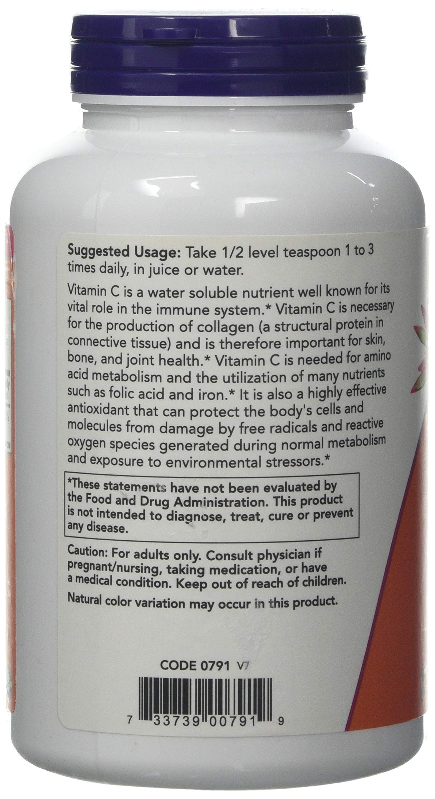 NOW Foods Vitamin C Crystals measuring scoop for precise daily dose.