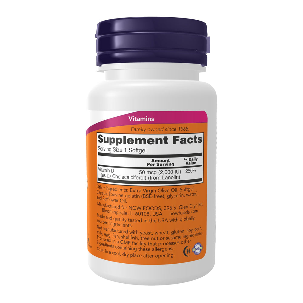 NOW Foods Vitamin D-3 label close-up showing high potency.