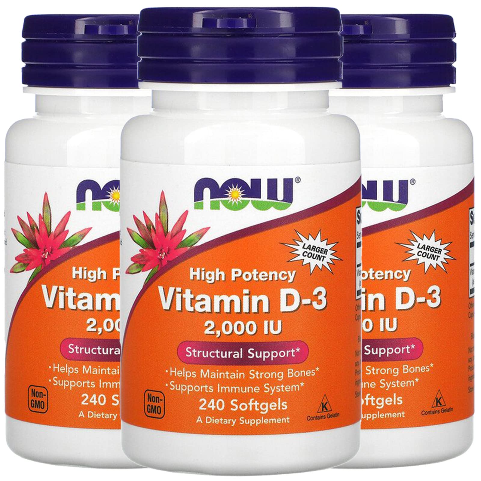 NOW Foods Vitamin D-3 softgels bottle front highlighting bone support.
