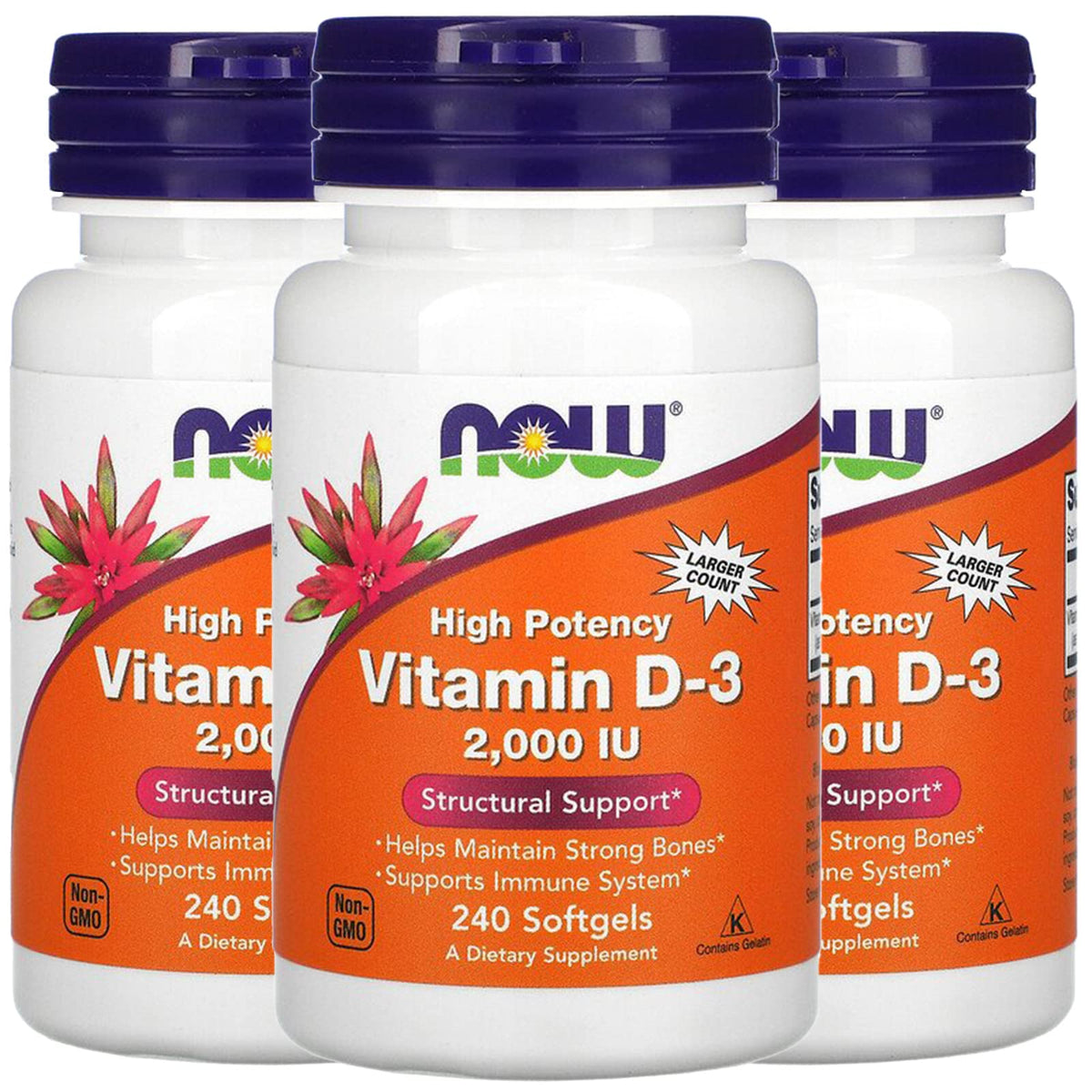 NOW Foods Vitamin D-3 softgels bottle front highlighting bone support.