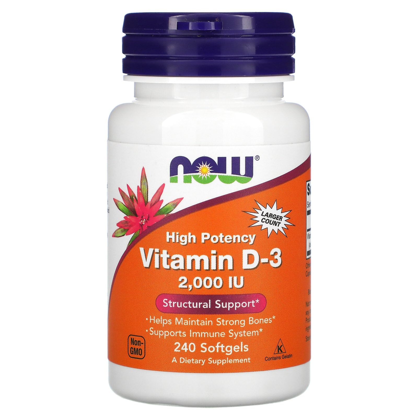 NOW Foods Vitamin D-3 bottle label shows non-GMO and kosher gelatin benefits.