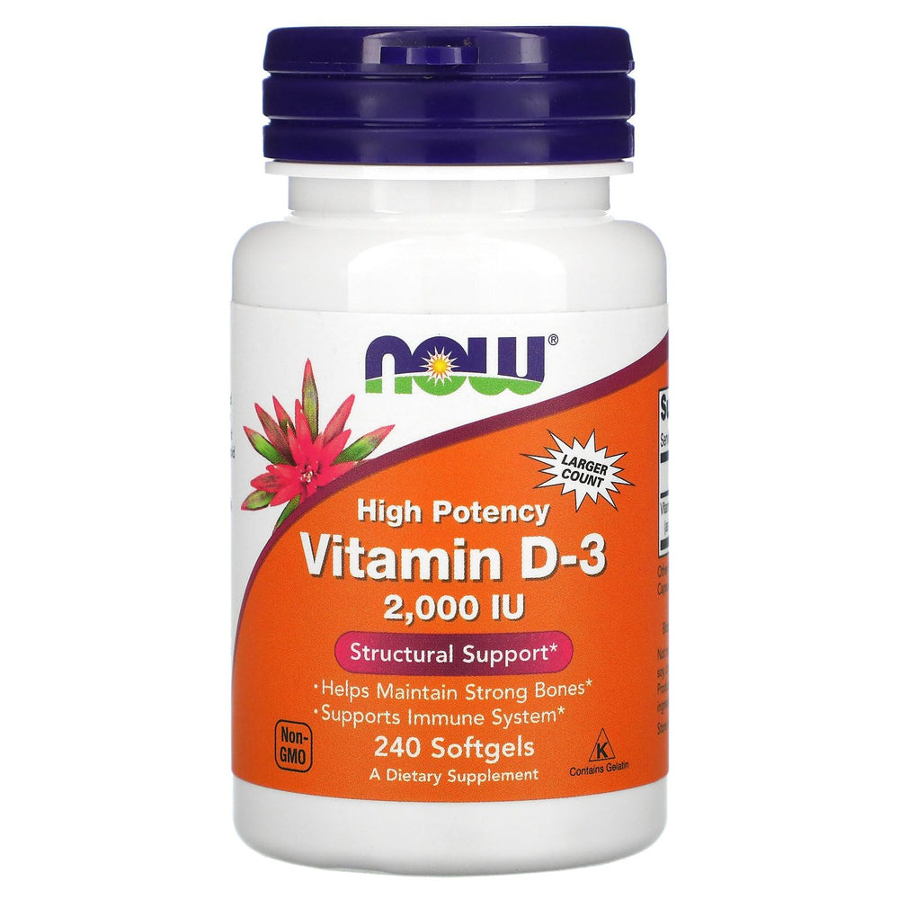 NOW Foods Vitamin D-3 bottle label shows non-GMO and kosher gelatin benefits.