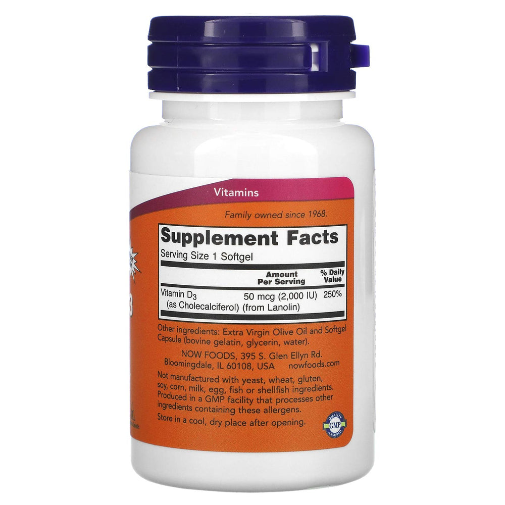 NOW Foods Vitamin D-3 softgels close-up emphasizing high potency.