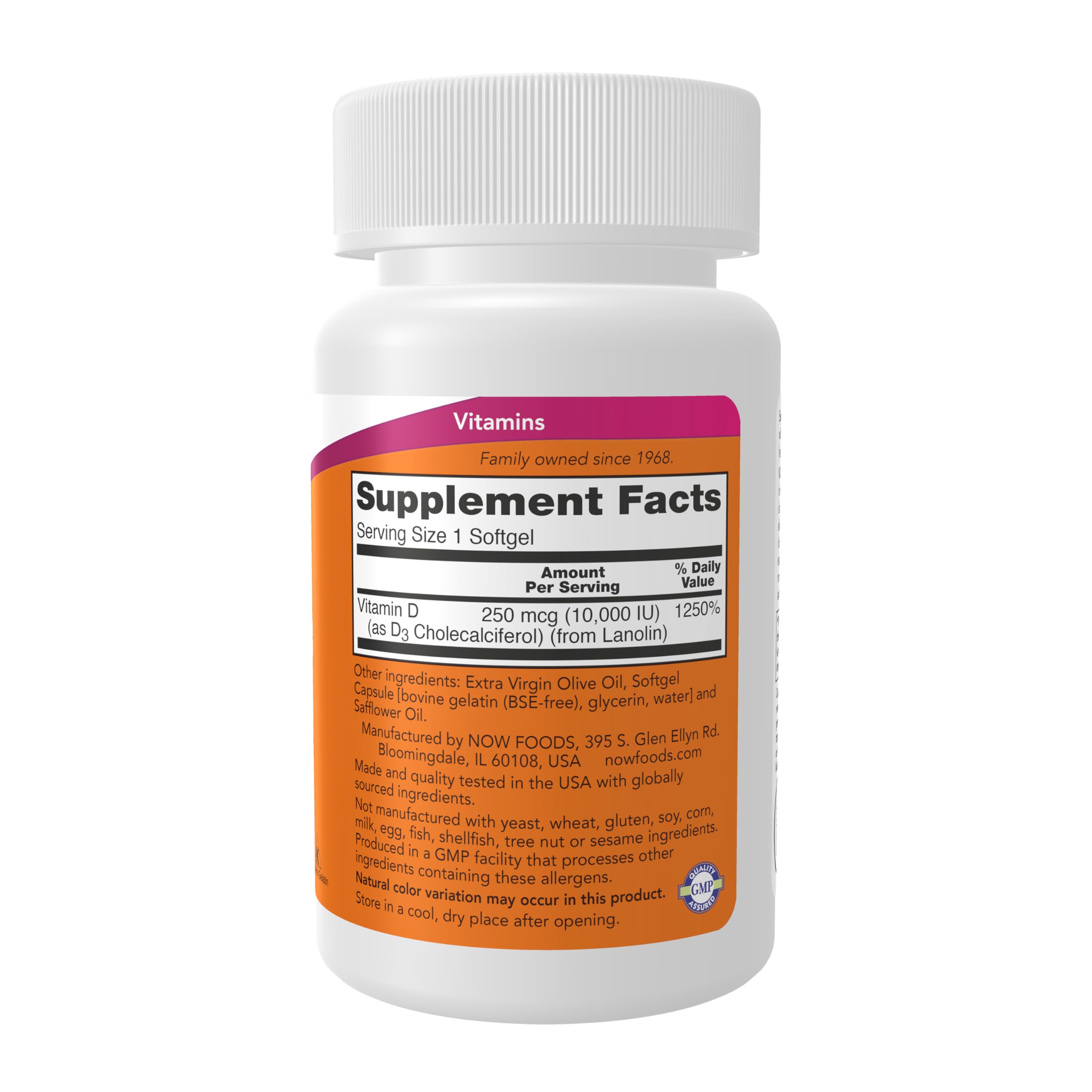 NOW Foods Vitamin D-3 10,000 IU softgels being poured for easy intake.