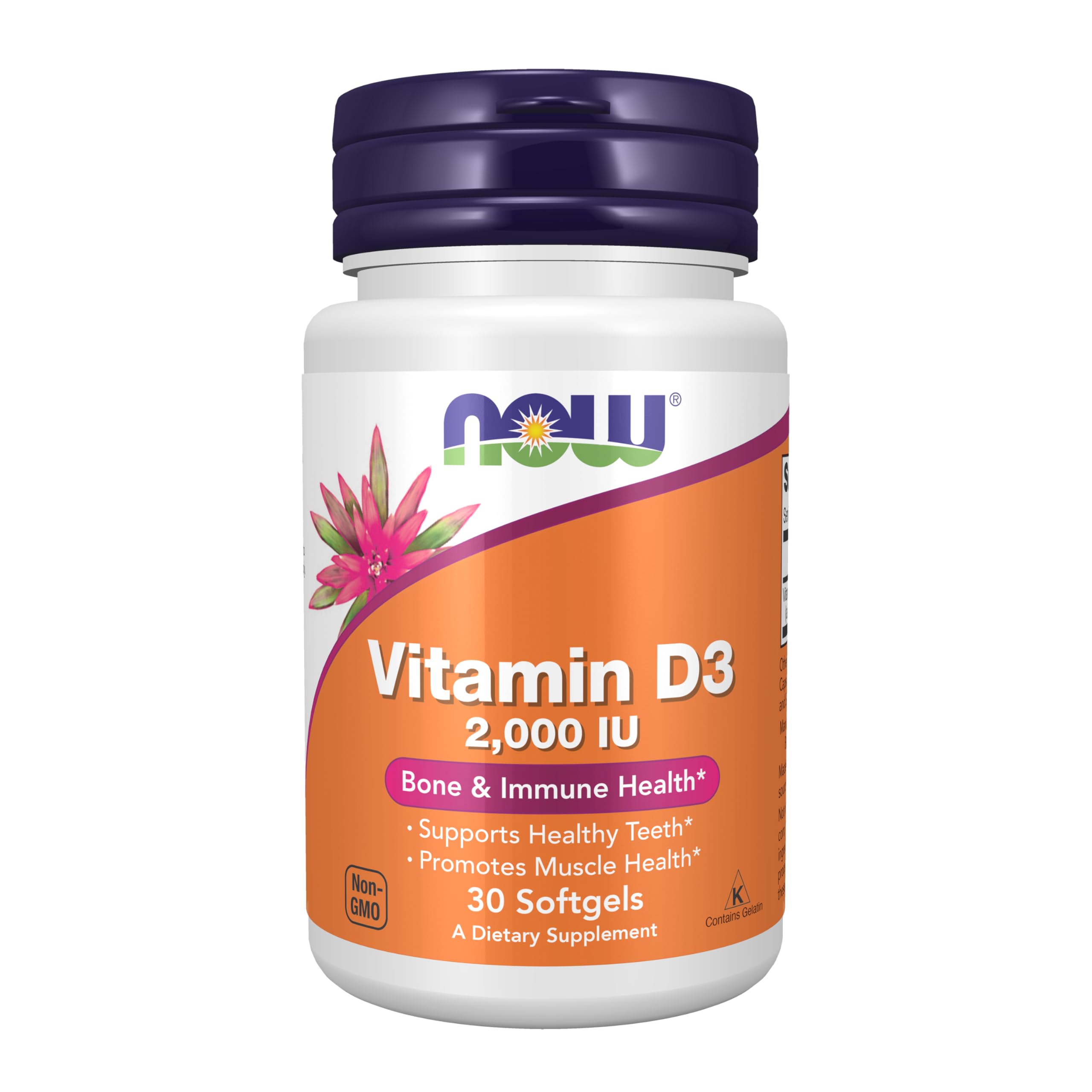 NOW Foods Vitamin D-3 2000 IU bottle supports everyday bone health and immune balance.