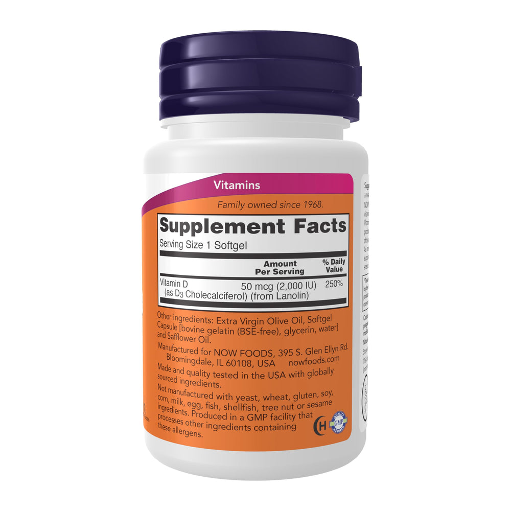 NOW Foods vitamin D-3 2000 IU pour shows easy daily use for high-potency supplementation.