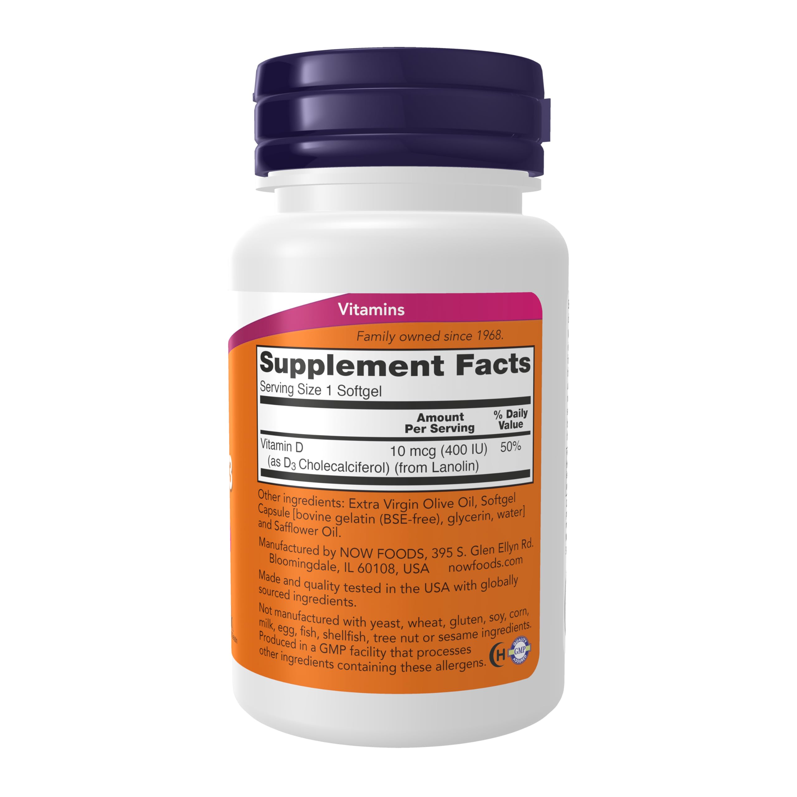 NOW Foods Vitamin D-3 label shows dosage and nutritional benefits.