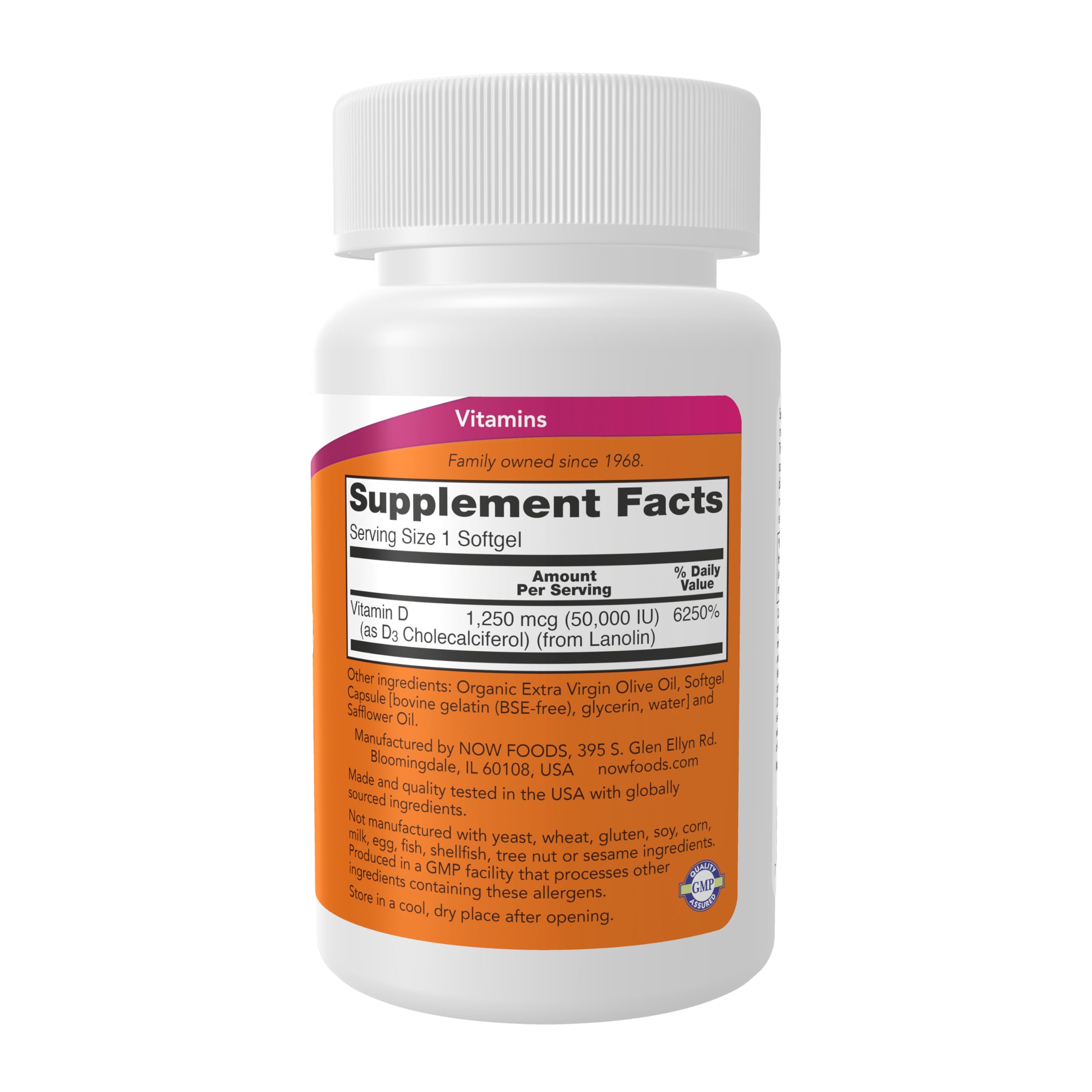 NOW Foods Vitamin D-3 50,000 IU softgel label closeup with dosage details