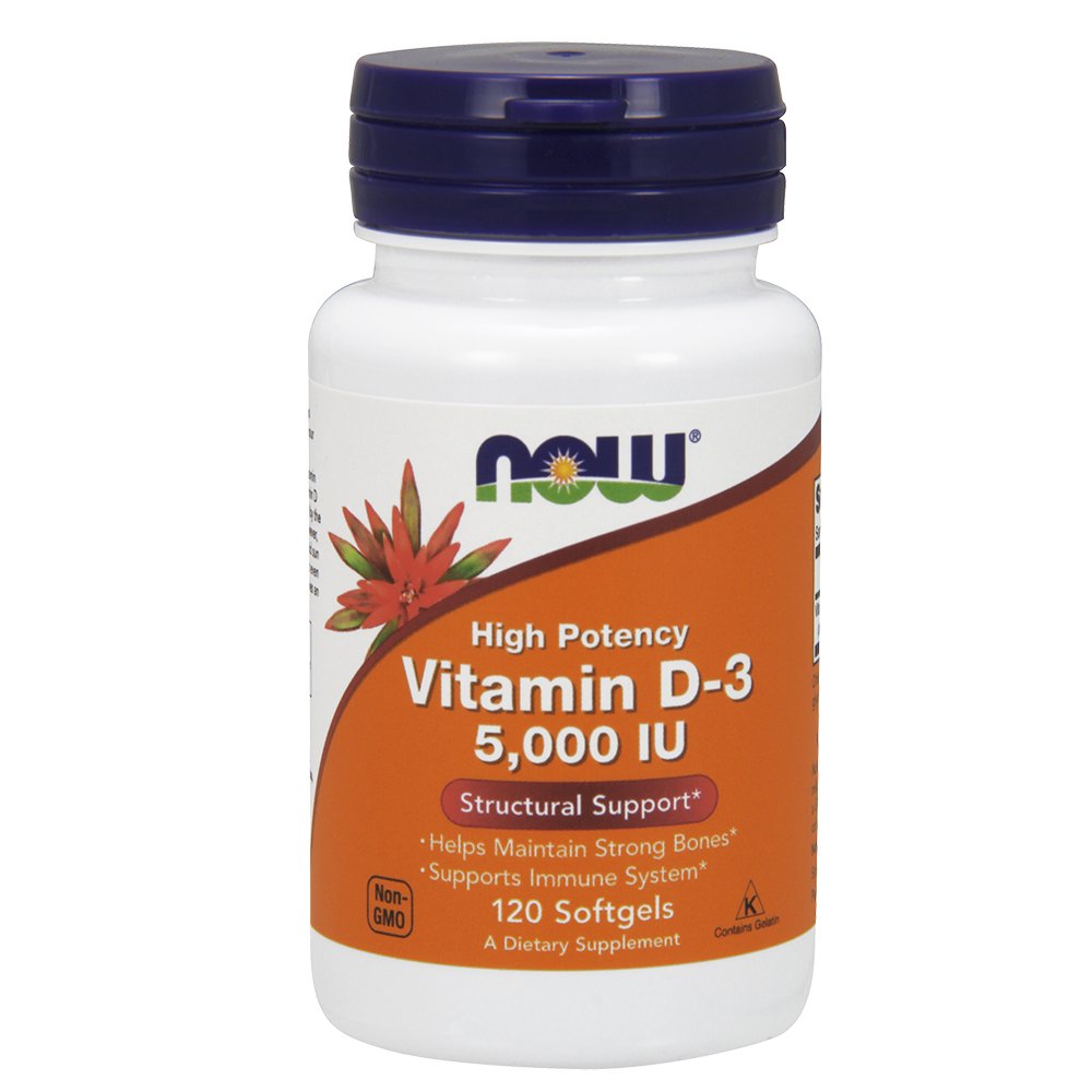 NOW Foods Vitamin D3 5000 IU bottle with softgels for daily wellness