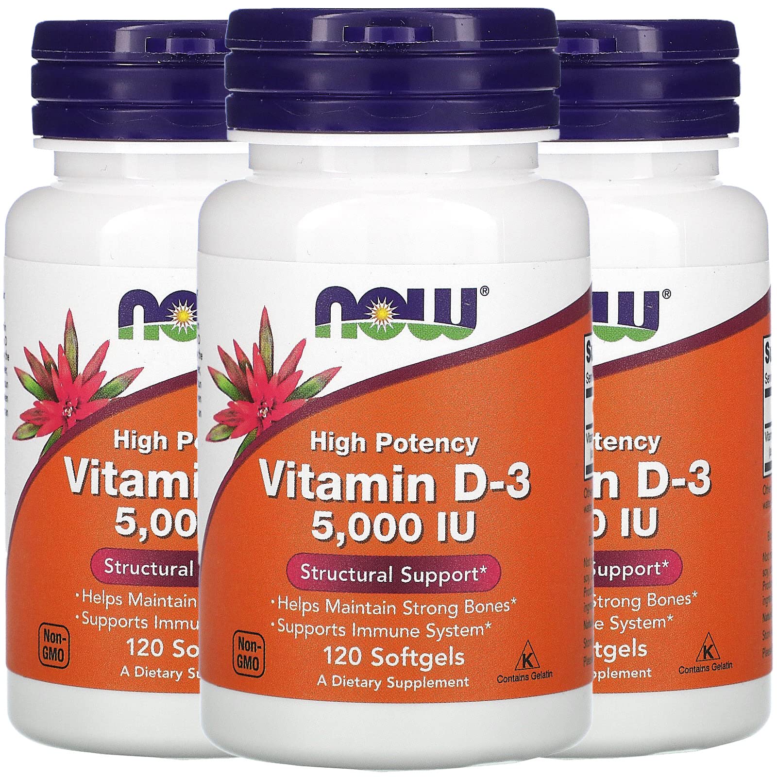 NOW Foods Vitamin D-3 softgels bottle front showing high potency 5000 IU