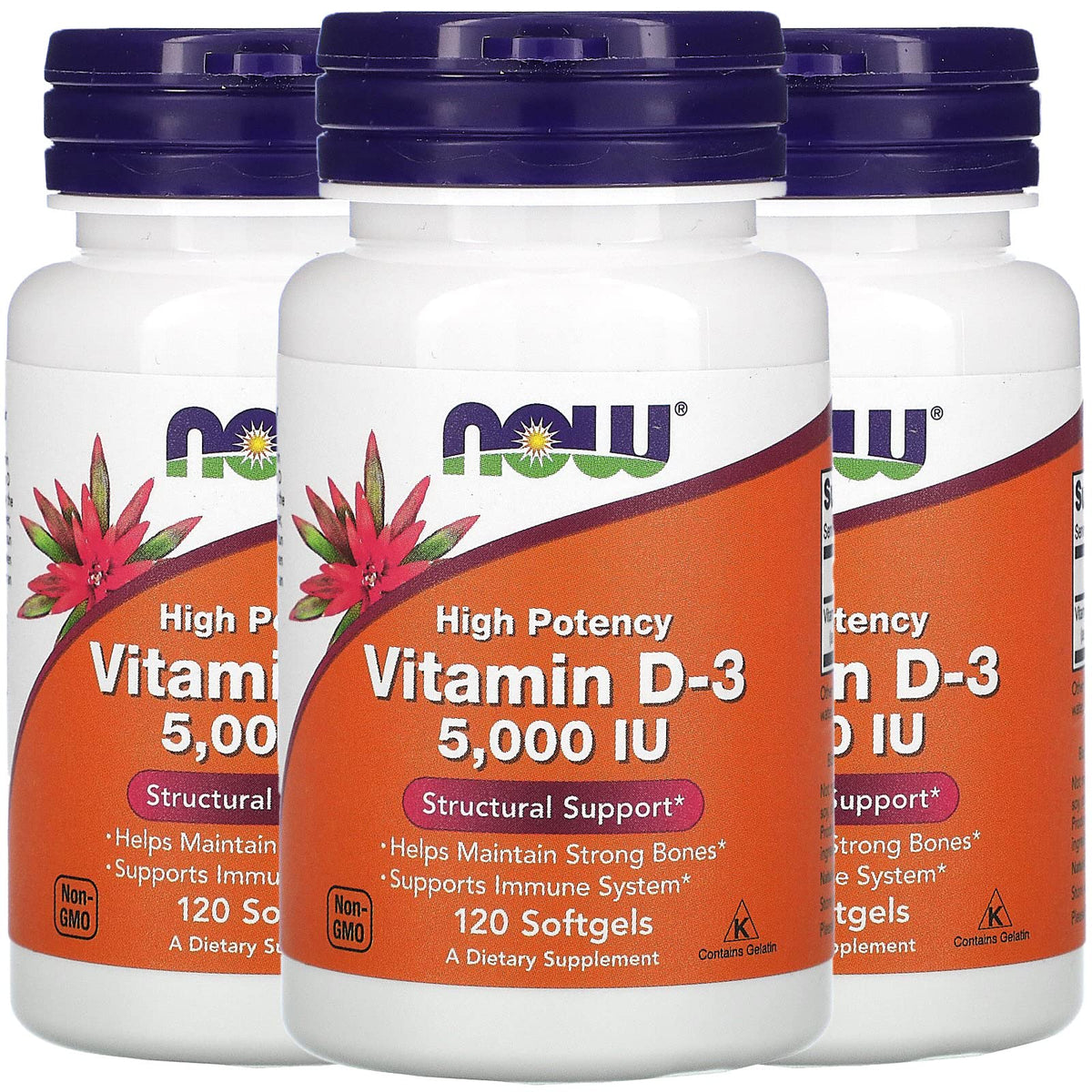 NOW Foods Vitamin D-3 softgels bottle front showing high potency 5000 IU