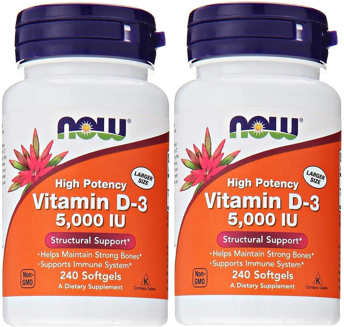 NOW Foods Vitamin D3 5,000 IU softgels bottle front promotes immune support.