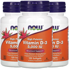 NOW Foods Vitamin D-3 softgels bottle front showing high potency 5000 IU