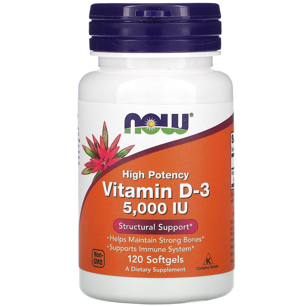 NOW Foods Vitamin D-3 label close-up highlighting 5000 IU content