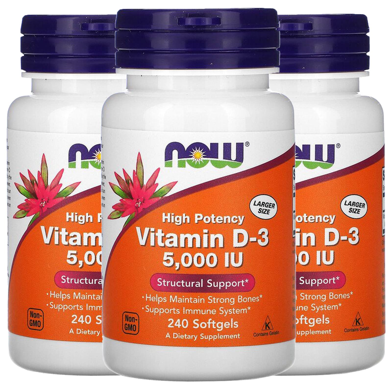 NOW Foods Vitamin D-3 5000 IU softgels bottle showing label and form