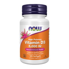 NOW Foods Vitamin D-3 5,000 IU softgels bottle highlighting high potency for bone health