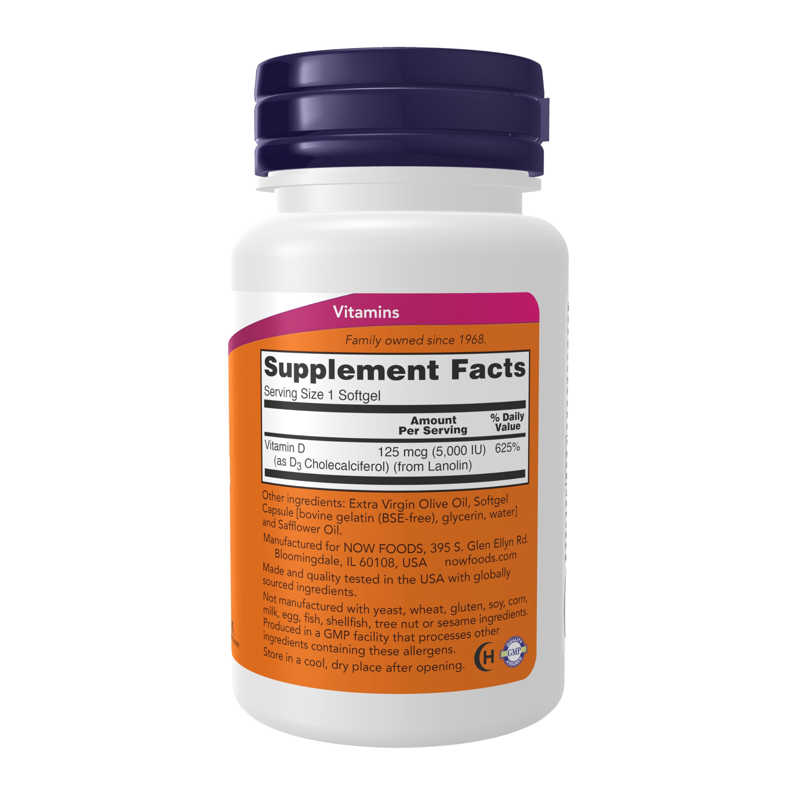 NOW Foods Vitamin D-3 5,000 IU softgels close-up showing easy daily supplementation