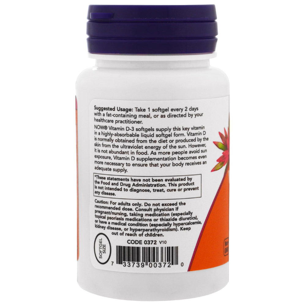 NOW Foods Vitamin D-3 softgels ready to take with a meal for absorption