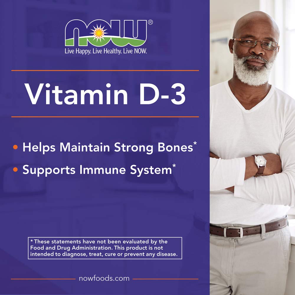 NOW Foods Vitamin D3 5,000 IU softgels close-up of easy-swallow capsules.