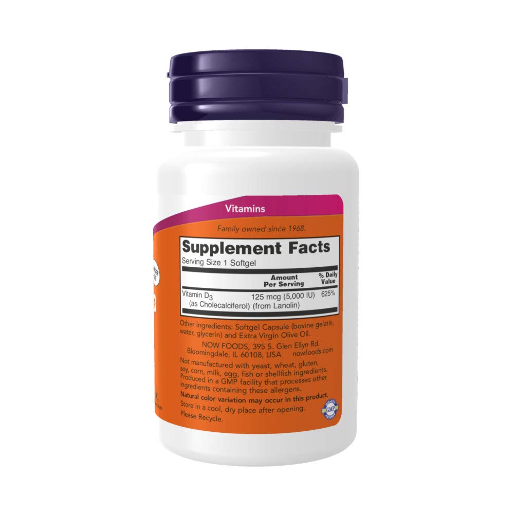 NOW Foods Vitamin D3 5,000 IU softgels label close-up highlights potency for bone health.