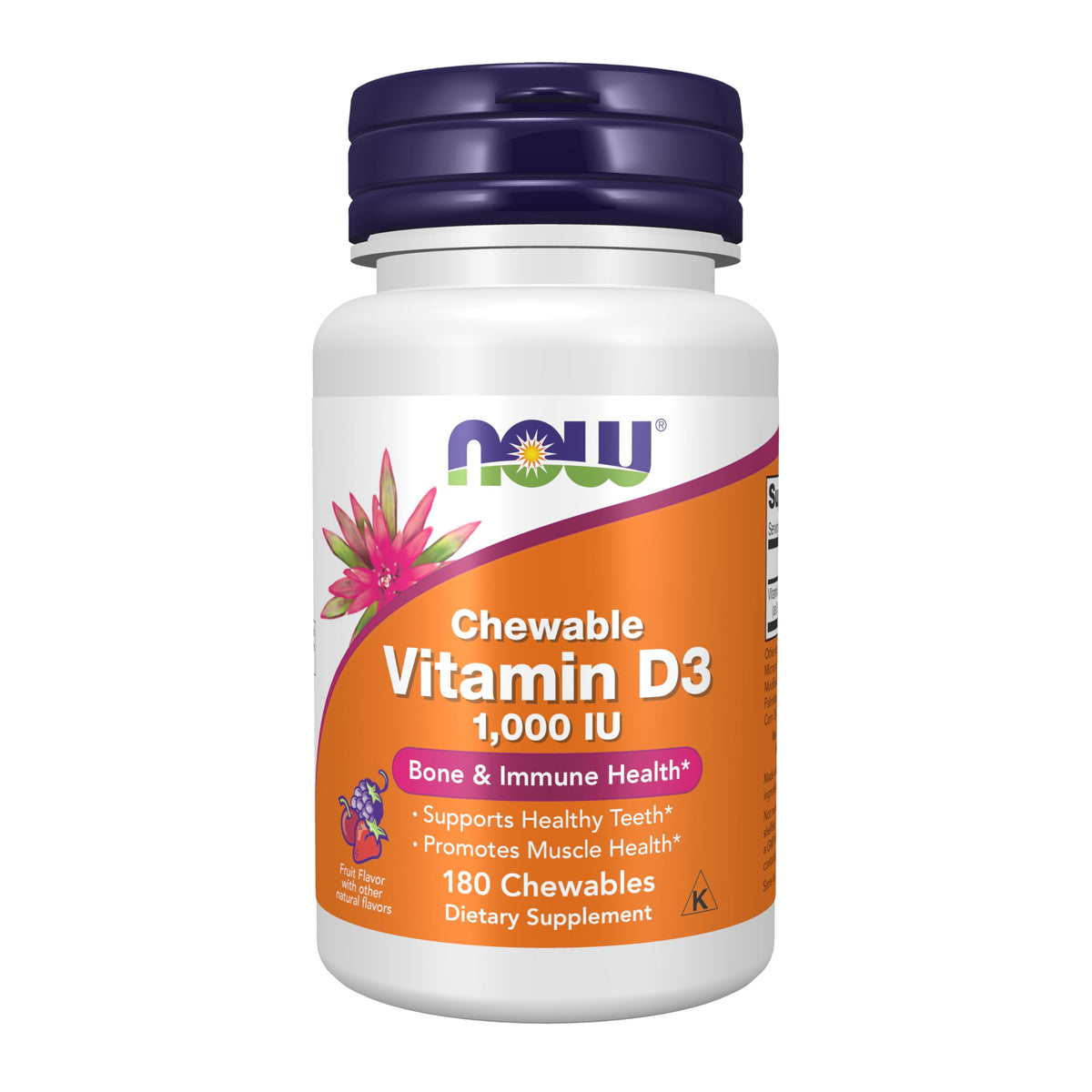 NOW Foods Vitamin D-3 chewables bottle front for convenient daily bone and immune support.